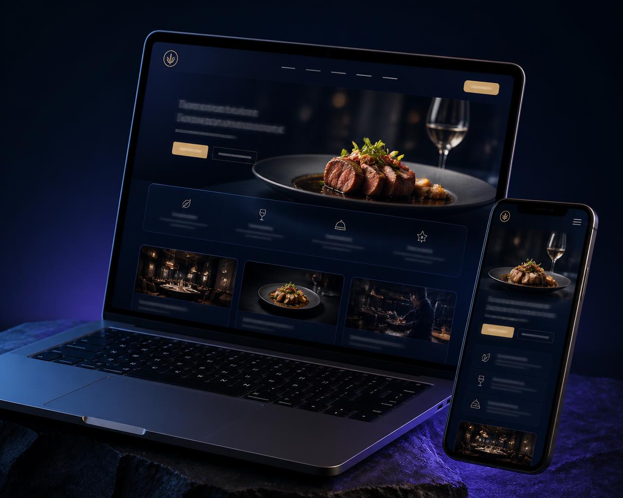 Mockup de un sitio web de restaurante en notebook y celular