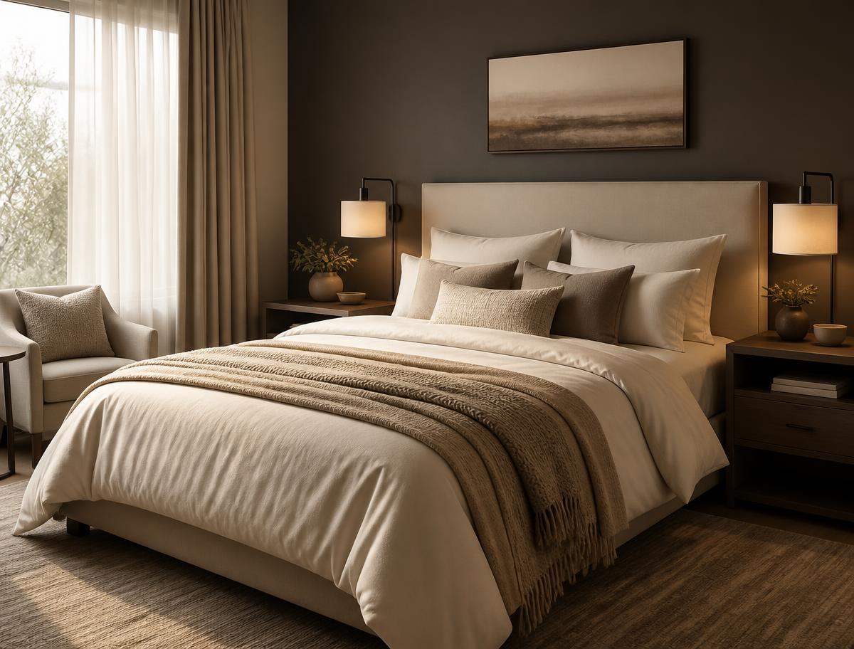 Habitación doble con cama amplia, textiles en tonos crema y arena