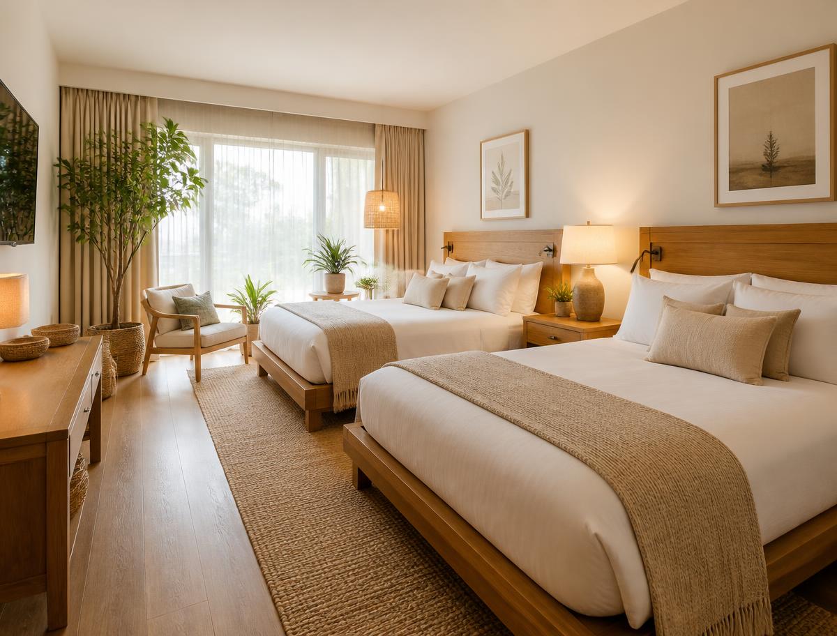 Habitación amplia con dos camas, madera clara y plantas junto a la ventana